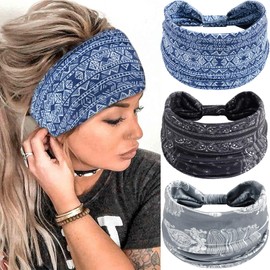 SAWINDA Boho Headbands Wide knotted Hair Bands Vintage Printing Bandeau Stretchy Non-slip Cotton Headband Sport Yoga Hair Accessories for Women and Girls (Pack of 3)