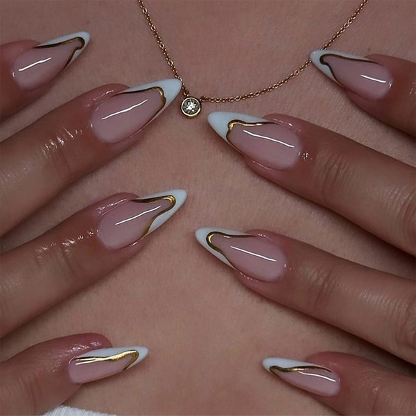 Press on Nails Medium Almond Fake Nails French Tip False