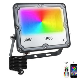 Indmird RGB Spotlight 30 W RGB LED Outdoor Spotlight with Bluetooth App Control IP66 Waterproof Outdoor Spotlight Smart RGBW Colour Changing Dimmable Floodlight Mood Light for Garden Party Stages