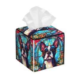Boston Terrier Stained Dog Breed Glass Art Leather Tissue Box Cover Home Decor Paper Organizer Bathroom Car Office