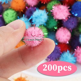 Tyqour 200pcs 0.6 Inch Pom Pom Balls Glitter Fuzzy Pompom Puff Balls Multicolor Bulk Pom Poms Balls Small Pompoms for Crafts DIY Art Creative Crafts Decorations