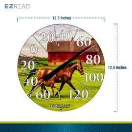 EZREAD Hanging Dial Thermometer - Weather Thermometers for Indoor and Outdoor Use, Large 12.5 Inch Diameter, Easy-to-Read Numbers, Horse and Foal