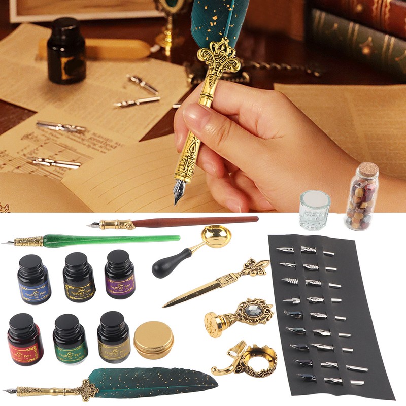 Feather Pen Set European Style British Retro Lacquer Stamp Dipped