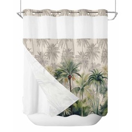 Ldtrchee No Hook Summer Tropical Leaves Shower Curtain with Snap in Liner Set, Green Palm Trees Botanical Waterproof Fabric Bathroom Curtains with See Through Top Window, Standard 72 x 72 Inch