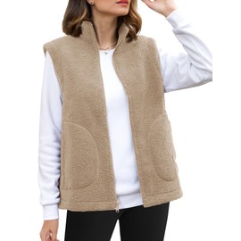 YUCOLEN Womens Polar Fleece Vest Outerwear with 4 Pockets Soft Lightweight Sleeveless Coat Sherpa Vest for Women with Full Zipper Khaki Size X-Large
