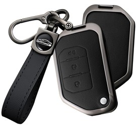HIBEYO Leather Key Fob Cover for Jeep Wrangler JL JLU Gladiator 4XE 2018-2021 Accessories with Keychains Folding 3 Button Key Case for Jeep Wrangler Zinc Alloy Key Holder -A Keychain Black