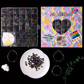 nikkiGuo 1250 PCS Letter Beads Kit with Elastic Cord – Alphabet A–Z, Numbers, Heart, Moon, Star, Smiley Beads for Friendship Bracelets & DIY Jewelry (Black Beats & Colorful Letters)