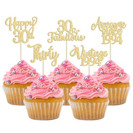 30 piezas de adornos clásico para cupcakes de 1994 con purpurina, 30 cumpleaños, 30 fabulosas púas para cupcakes saludan a 30 años para 30 cumpleaños, boda, aniversario, fiesta, decoración de