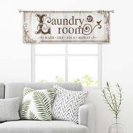 MESHELLY Rustic Laundry Room Valance Retro Laundry Room Curtains 52Wx18H Inch Rod Pocket Farmhouse Vintage Funny Beige Small Window Drapes Minimalist Printed Short Window Treatment Fabric 1 Panel