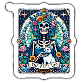 Day of The Dead Cat Lady Sticker, Colorful Skull Art Decal, Skeleton with Cat Sticker, Sugar Skull Flowers Sticker, Goth Sticker - 5-Inch Sticker - 2-Pack - CCSTICKER00361