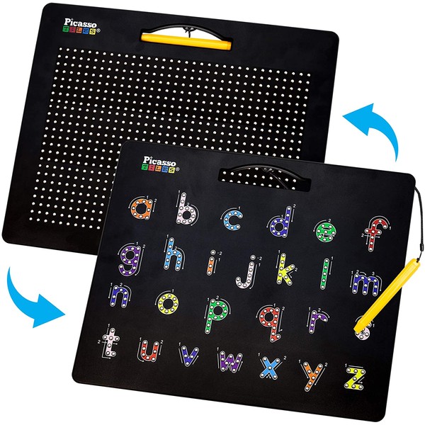 PicassoTiles 2-in-1 Double-Sided Magnetic Drawing Board Lower Case Alphabet Letter and Free Style Writing Reading Playboard 12x10 inch Large Magnet Tablet Pad Open-Ended STEAM Learning Playset PTB04