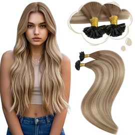 Moresoo U Tip Hair Extensions Real Human Hair Brown Root Ombre to Platinum Blonde with Light Brown Keratin Hair Extensions Straight Human Hair Extensions 14 inch 50g/50s #8/22/8