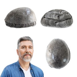 HAIR NATURE Human Hair Real Wigs for Men, Mens Toupee Hair Replacement System 0.12mm Injection Poly Skin Hair Piece #1B65