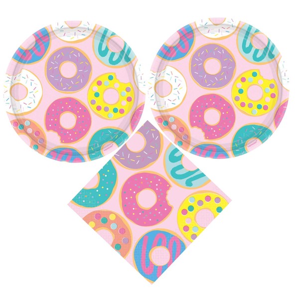 Donut Party Tableware Set for 16 Guests - Includes Paper Plates and Lunch Napkins- Fun Pink Background with Assorted Donut Pattern