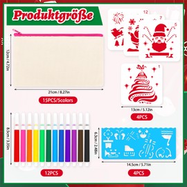 Meetory Pack of 15 DIY Fabric Pencil Cases, Blank School Pencil Case, Children's Canvas Bags for Painting with 12 Colouring Pencils, 8 Painting Stencils for Travel, Christmas, Storage, 21 x 12 cm,