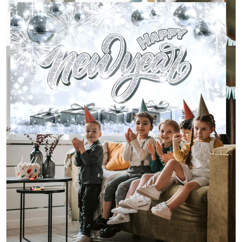 Happy New Year Banner 71 x 43 Inch, Silver Glitter