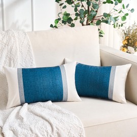 Decorative Pillow Covers Linen for Home, 12 x 20 Inch White Grey and Blue Striped Pillow Case Polyester Modern Farmhouse Decor Accent Cushion Covers for Couch Sofa Set of 2