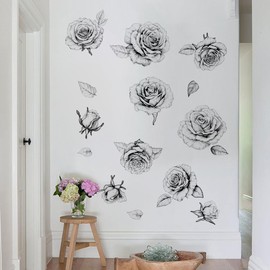 Runtoo Black and White Flower Wall Decals Boho Rose Floral Wall Stickers for Living Room Bedroom Bathroom Decor