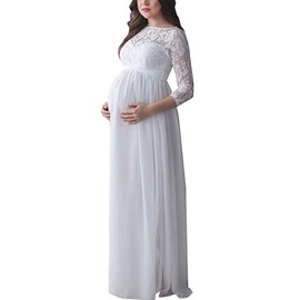 Miolasay Maternity Dress for Photography Chiffon Off Shoulder Elegant Dress Split Front Long Maternity Dresses for Photoshoot, B-white