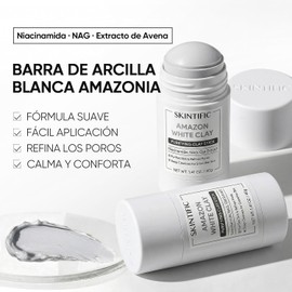 SKINTIFIC Mascarilla de ARCILLA BLANCA DE AMAZONIA en Barra, Purificadora con Niacinamida y NAG, Limpieza Profunda de Poros y Puntos Negros, Control de Grasa para Piel Mixta y Sensible, 40g