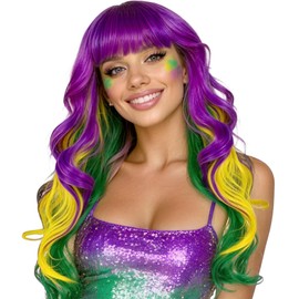 rookea Mardi Gras Long Wavy Wigs for Women, Colored Funny Curly Wig Purple Yellow Green Mix Hair with Hair Cap for Mardi Gras Carnival Parades Fancy Dress Music Festival Cosplay Party Costume