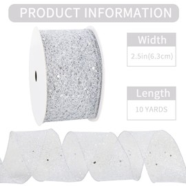 RIBBOOO Silver Glitter Mesh Wired Ribbon, 2.5 Inch 10 Yards Sparkling Fabric Ribbon for Wreath Bow Making, Gift Wrapping, Wedding, Christmas Tree Decoration