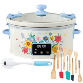 Pioneerr Wmn 6 Qt Digital Slow Cooker with Locking Lid, Brilliant Blooms, 9 Pieces Utensil and Kitchen Brush Bundle