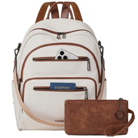 LATMAP Backpack Purse for Women Fashion Womens Backpack Shoulder Bag Leather Travel Back Pack Purses Daypack Handbag Ladies Daily, 2pcs Sets-Beige