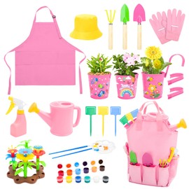 deAO Kids Gardening Tools Set, Garden Tools Kit with Shovel, Trowel, Rake, Water Can, Gloves, Tote Bag, Apron, Painting Accessories, Flower Garden Building Toys, Outdoor Gift for Boys and Girls (Pink)