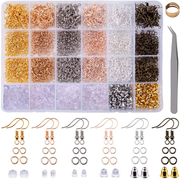 BQTQ 3900 Pieces Earrings Accessories Craft Ear Hooks Jump Rings Ear Stoppers with Tweezers for DIY Earrings, 6 Colours