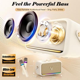 Karaoke Machine with 2 Wireless Mics & Soft Leather Wrap |mini Portable Bluetooth Speaker with 5 Voice Changer Modes for Home Party, AUX/USB/TF Support, for Kids and Adults