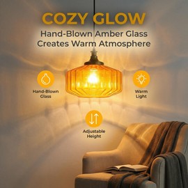 OURIFU 11 inch Large Plug in Pendant Light, Mid Century Amber Glass Hanging Lamp Plug in with Switch, Ribbed Swag Brass Pendant Lamp for Bedroom, Bedside, Living Room, Apartment, Reading Nook