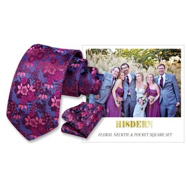 HISDERN Extra Long Ties for Men Purple Floral Tie and Pocket Square Elegant Fuchsia Rose Silk Neckties Handkerchief Set Wedding Party