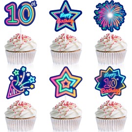 18pcs Glow 10th Cupcake Topper Set Neon Happy Birthday Colorful Glitter Star Black Light Decoration, Let's Go Crazy Glow Theme Party, Anniversary Party, Birthday Party, Birthday gifts for kids
