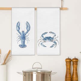 EGBTL Coastal Beach Kitchen Towels, Blue Lobster Crab Ocean Nautical Hand Towels for Bathroom Decor, Ocean Beach Lover Gifts Dishcloths Dish Towel for Kitchen 16x24 Inches