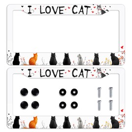 I Love Cats License Plate Frame 2 Pack Cartoon Cute Pet Cat License Plate Frames Personalise Stainless Steel Metal Car Plates Funny License Plate Frames Decorative for Men Women