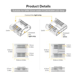 BTF-LIGHTING FCOB 5Pin 12mm 0.47in Transparent Connector Kit 30pcs Strip to Wire 30pcs Gapless Solderless Connectors 10pcs 5.9in Long 24AWG Extension Wire Support FCOB RGBW (+ R G B W) LED Strip
