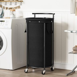 Chrislley 110L Laundry Hamper with Wheels,Rolling Laundry Basket with Removable Bag,Round Iron Laundry Cart with Steel Frame and Handle,Dirty Clothes Hamper Organizer for Dorm,Laundry Room(Black)