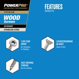Power Pro 48620 Wood Screws, #8 x 1-3/4", Premium Stainless Marine Screws, Rust Resistant, Stainless Steel, 1lb Box, 172 pcs