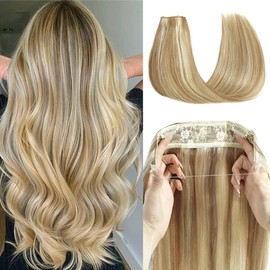Hair Extensions 16 Inch Hair Extensions Real Human Hair Light Blonde to 613 Blonde Straight Hair Extensions Balayage Human Hair Extensions Hidden Wire Hair Extensions with Transparent Fish Line Invisible Hairpiece