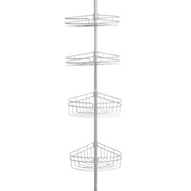 Kenney KN61519 Adjustable Height (5'-9') Spring Tension Metal Corner Pole Shower Caddy with 4 Adjustable Rust-Resistant Basket Shelves, Towel Bars, and Razor Holders for Bathroom Shower, Satin Nickel