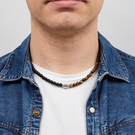 TreasureBay Handmade Mens Tigers Eye Onyx Beaded Necklace Chain Natural Gemstones Healing Crystal Jewellery (Brown Tiger's Eye/Black)