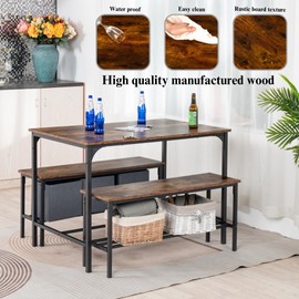 FurnitureR 3-Piece Dining Table Set for 4, Farmhouse Kitchen Table with 2 Benches and Storage Shelf, Space-Saving Breakfast Nook Table and Bench Set for Small Spaces, Vintage Brown