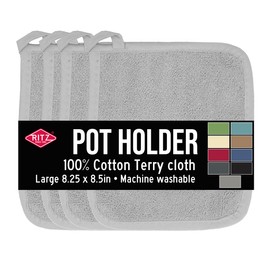 RITZ Terry Potholder & Hot Pad: Unparalleled Heat Resistant, Durable 100% Cotton – Ergonomically Designed for Optimal Grip – Easy-Care Machine Washable – 4-Pack, Titanium Grey