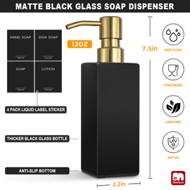 GMISUN Gold Soap Dispenser, Black Soap Dispenser Bathroom with Stainless Steel Pump, Hand and Dish Soap Dispensers Set for Kitchen, 12 fl oz/350ml Glass Liquid Refillable Lotion Dispenser Bottle