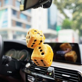 YGMONER Couple 2.75” Fuzzy Dice with Leather Dots Retro Car Mirror Hanging Accessories for Car Decoration (Yellow)