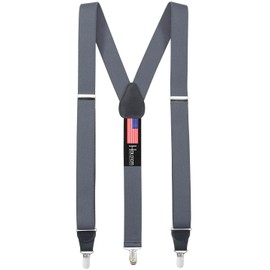 HOLD'EM Suspender for Men Made in USA Y-Back Leather Crosspatch Clip on tuxedo suspenders - Grey (Regular - 46")