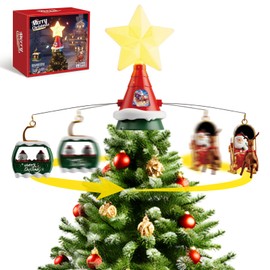 Musical Rotating Christmas Tree Topper with LED Star Light, Santa Sleigh and Cable Car Decorations, USB Powered
