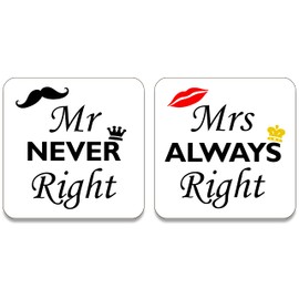 Mrs Always Right and Mr Never Right Drinks Coasters. Set of 2 Funny Husband & Wife Drinks Mat. Witty Design Suitable for Any Occasion.