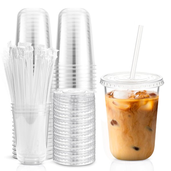 TINSKY 50 Sets Clear Plastic Cups with Lids and Straws,